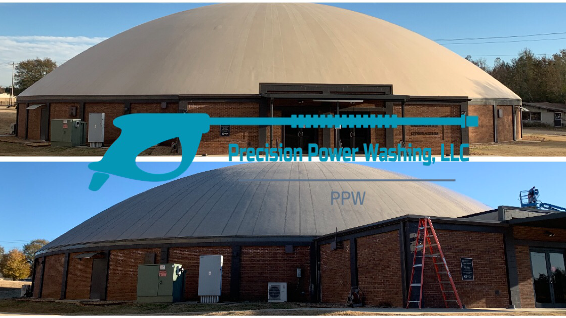 Before and after washing a large dome building, dark streaks gone after