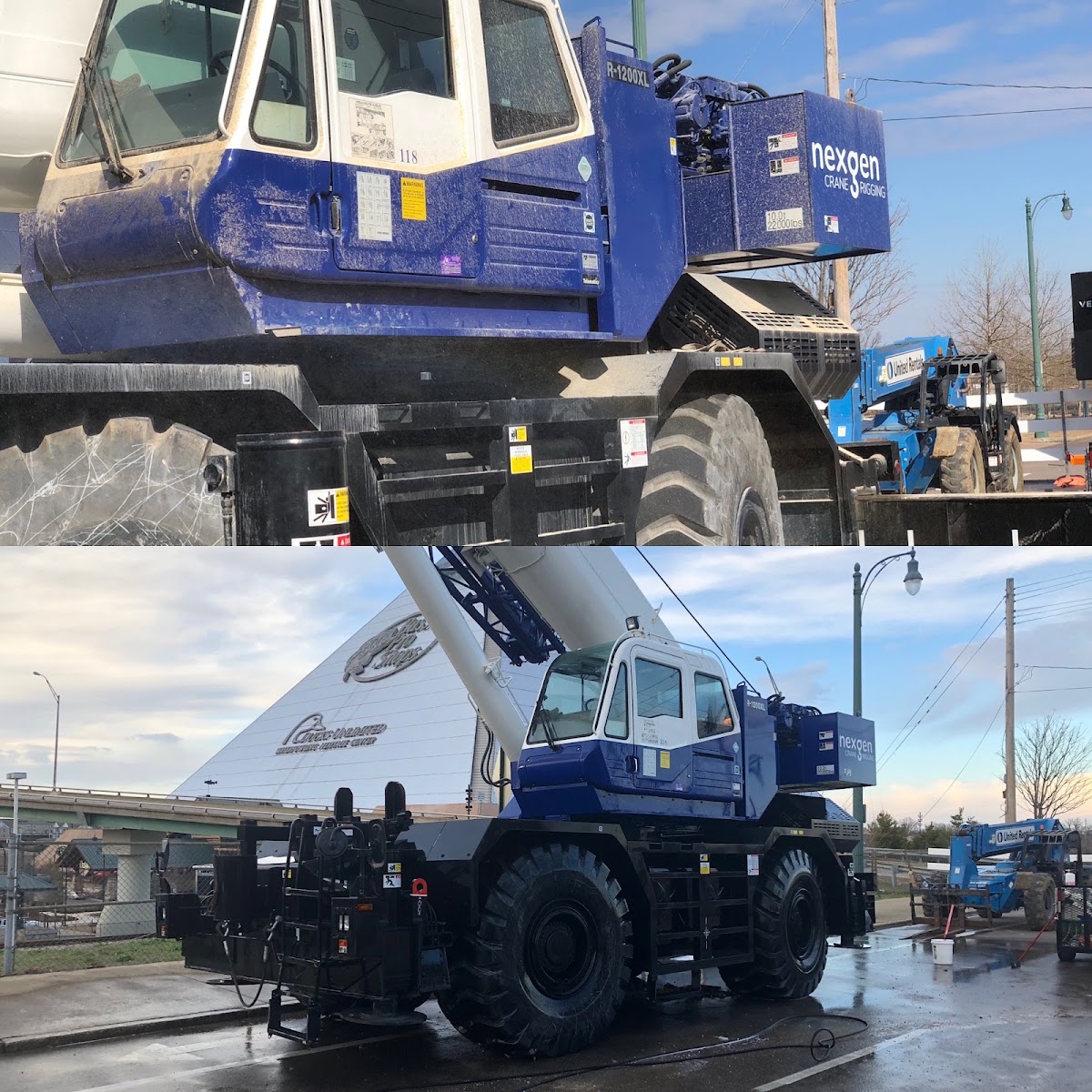 Blue rough terrain crane after a full wash down